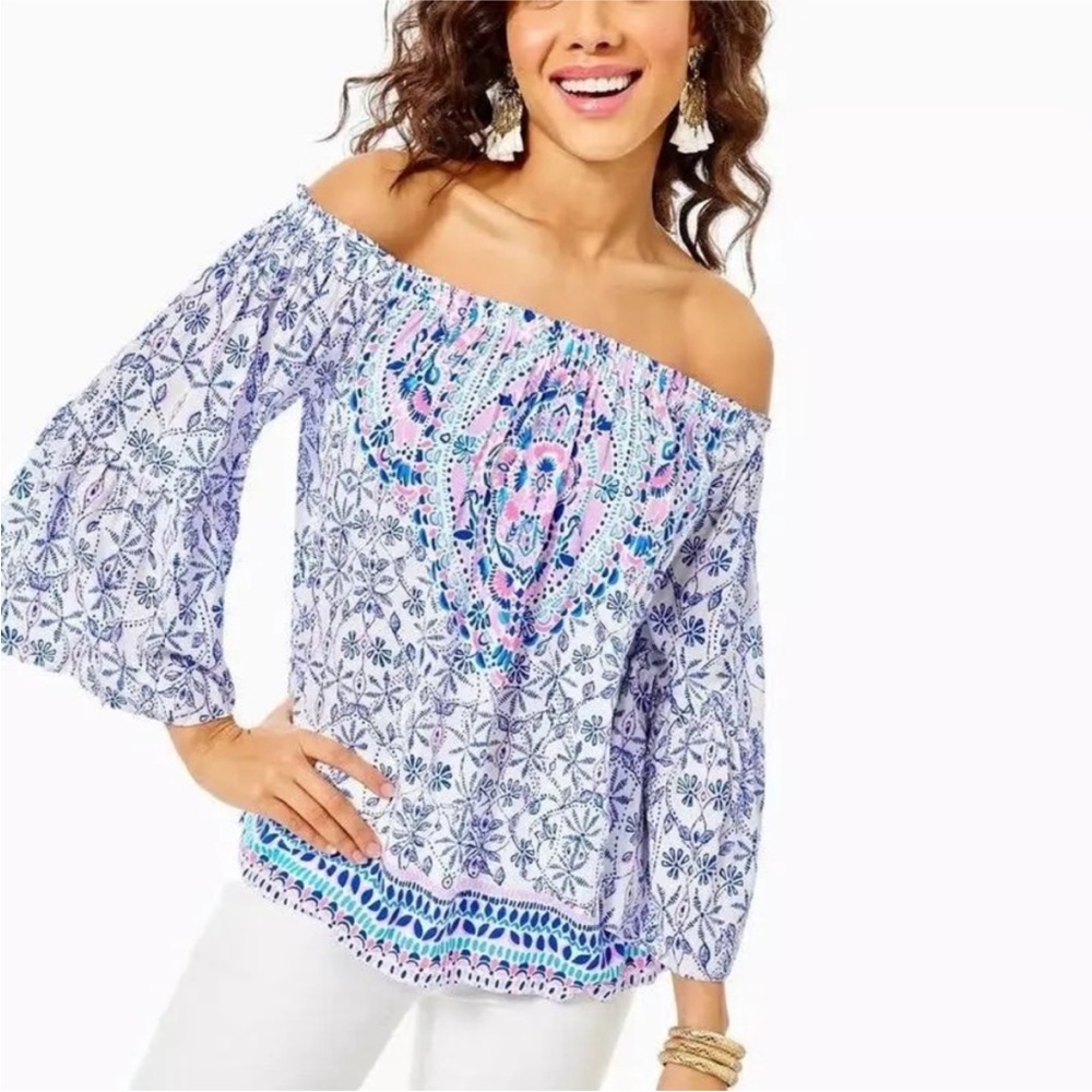 Lilly Pulitzer Off-Shoulder Blouse in Blue and Pink